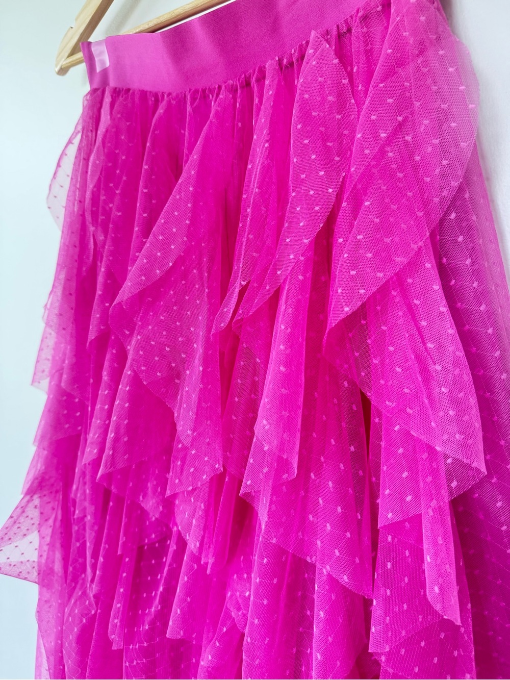 Sincerely Jules NWT Hot Pink Swiss Dot Tulle Ruffle Midi Skirt Size Large - Picture 2 of 10